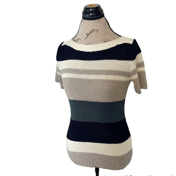 Ann Taylor Womens Sweater Knit Striped   XS Colorblock Short Sleeve Cable Chain - Picture 2 of 12